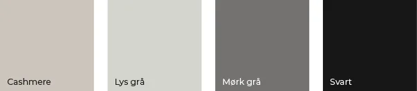 Fargekart av modellen Milano. Cashmere, lys grå, mørk grå og svart